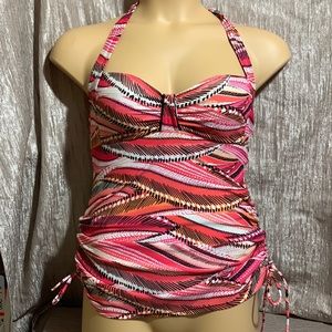 Croft & Barrow Tankini Top 10 Red Orange Black White Ties at the Neck Soft Cup